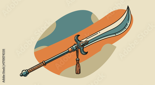 Stylized ancient weapon illustration, historical polearm with long handle, broad curved blade, decorative tassel. Ancient weapon design ideal for historical themes, game assets, cultural projects.
