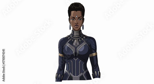 African woman illustration with intricate costume and elegant jewelry. Detailed African woman character design features dark skin, a serene expression, and traditional inspired attire.