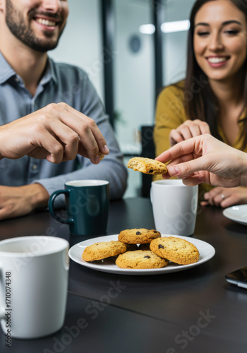 Colleagues Sharing Homemade Cookies in Office Break Room. National Homemade Cookies Day