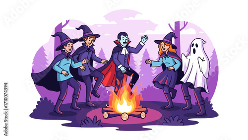 Halloween Bonfire Gathering: A group of friends, dressed in festive costumes, gather around a crackling bonfire.