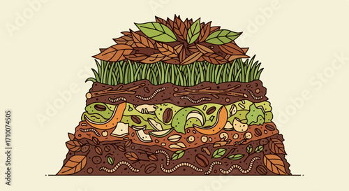 Compost layers illustration showing organic material decomposition within soil. These compost layers include green leaves, grass, food scraps, and earth, supporting soil health.