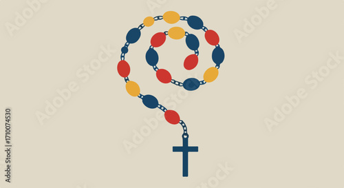 Minimalist prayer rosary, colorful beads, Christian cross. Looping prayer rosary displays red, yellow, blue beads, symbolizing devotion. Graphic prayer rosary for spiritual guidance,