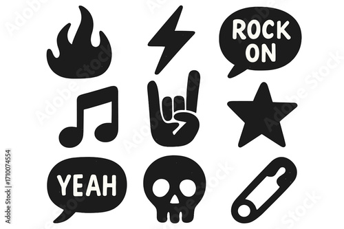 Symbols of rock culture featuring music notes, flames, and expressive gestures in black and white design