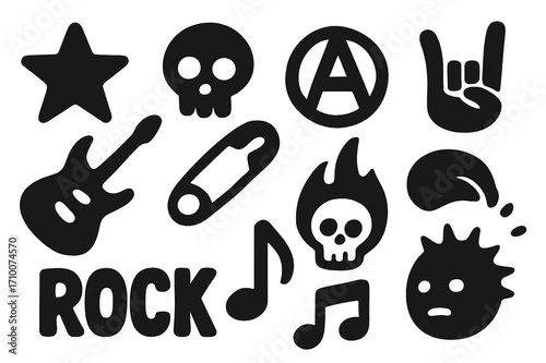 Unique collection of rock music symbols featuring stars, skulls, guitars, and more in a bold and creative design