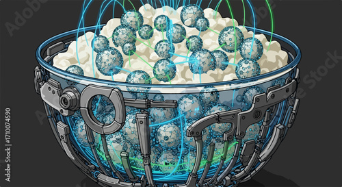 Artificial food served in mechanical bowl with light blue power lines. Futuristic food includes spheres and popcorn, creating high-tech illustration. Concept artificial food production,