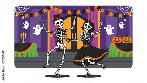Spooky Ballroom Dance: A whimsical illustration depicting a skeletal couple dancing in a festive ballroom decorated with Halloween elements. Capturing the fun and spooky spirit of the holiday.