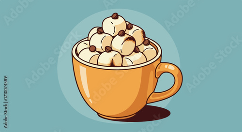 Hot chocolate with marshmallows in orange mug, perfect drink to warm up. Hot chocolate includes small chocolate chips adding richness and flavor to this cozy winter beverage.