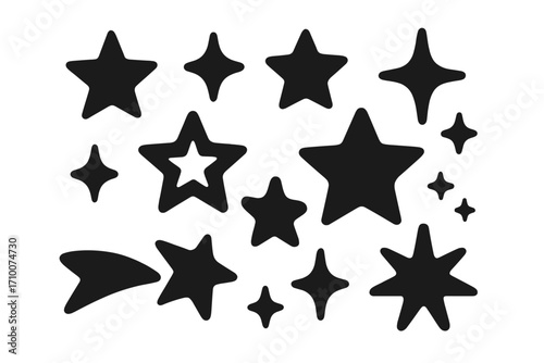 Creative black star shapes arranged in various sizes for artistic design projects in a minimalistic style