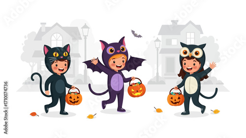 Halloween Fun: Three children, adorned in adorable costumes of a cat, a bat, and an owl, gleefully traverse a street, their festive pumpkin-shaped baskets brimming with candies under the moonlight.