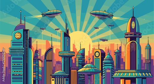 Futuristic city, featuring colorful buildings with airships. Futuristic city concept art showcasing tall clock towers and unconventional architecture under sun rays.