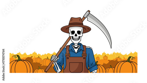 Harvest Sentinel: A skeletal figure, dressed as a farmer, stands amidst a field of pumpkins, wielding a scythe in this evocative harvest illustration, representing the seasonal transition.
