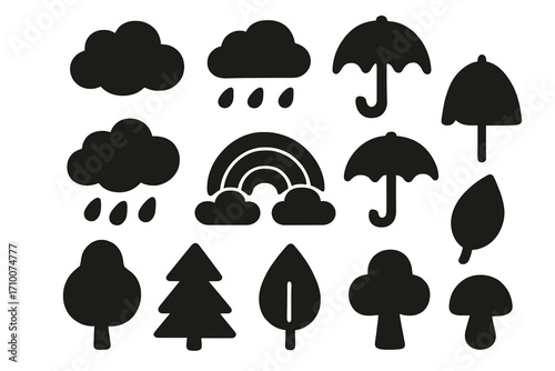 Various weather symbols illustrating rain, umbrellas, clouds, and a rainbow in a simple design
