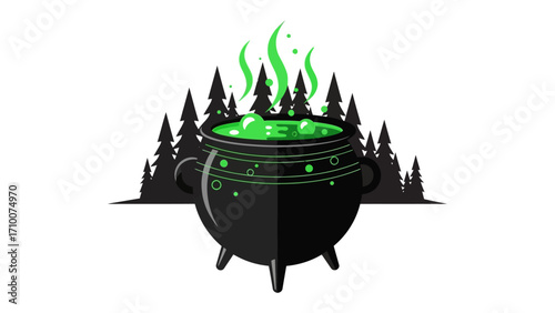 Mystical Brew in the Forest: A cauldron bubbles with eerie green potion, its vapors rising against a backdrop of silhouetted pine trees, inviting you into a realm of enchantment. 