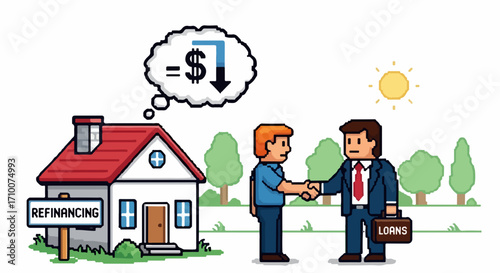 Home refinancing deal showing new homeowner shaking hands with banker near new house. Home refinancing symbolizes a drop in costs and interest rates.
