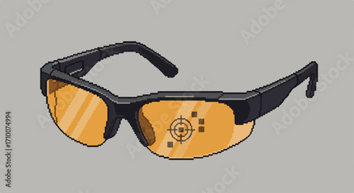 Tactical glasses offer protection and style for any mission. Modern tactical eyewear with orange lenses. Protective eyewear with crosshair symbol, tactical glasses for shooting sport,