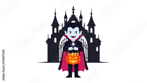 Vampire's Halloween Treat: A cartoon vampire, poised in front of a spooky mansion silhouette, clutches a glowing jack-o'-lantern, symbolizing the eerie fun of Halloween. 