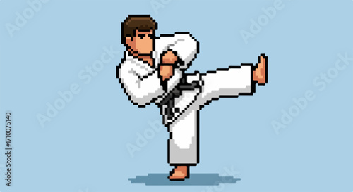 Karate pose, fighter in white uniform and black belt showing karate pose. Sporty martial artist demonstrating karate pose for competition. Self defense, karate pose perfect for fitness and health.