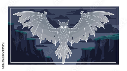 Nocturnal Guardian: A digital artwork unveils a luminous owl-bat hybrid, a spectral guardian against a backdrop of towering cliffs under a starlit night sky, creating a mystical, atmospheric scene.