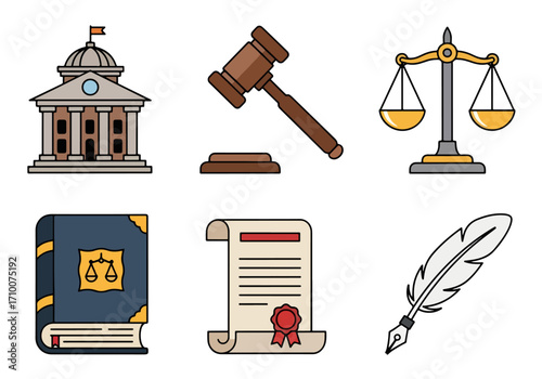 A modern collection of six illustrated icons representing the fundamental pillars of law and the justice system, including a courthouse, gavel, and scales
