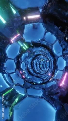 Abstract tunnel with blue and pink neon lights futuristic design.
