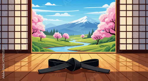 Black belt lies on wooden floor of traditional dojo overlooking scenic landscape view of mountain Fuji, perfect image for sensei's office.