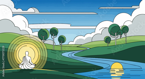 Meditative yoga illustration showing serenity, sun, and river in peaceful landscape. Meditative yoga illustration shows serene posture during sun meditation, next to clear stream,