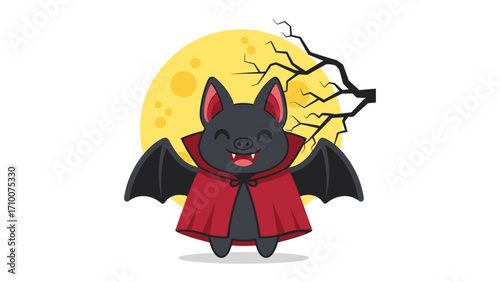 Cute Bat: A charming illustration of a happy bat with red cape, under the bright yellow moon and a eerie tree branch, radiating fun and the spirit of a holiday.