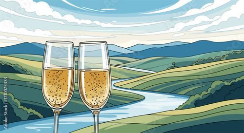 Toast with champagne against green rolling hills and flowing river, a celebratory toast with champagne sparkling in glasses.