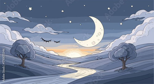 Serene night landscape with crescent moon shining over rolling hills. Night landscape featuring calm, peaceful scene with clouds, stars, and gentle river flowing through valley.