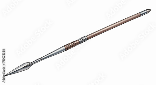Detailed illustration of spear with metal tip and wooden shaft on white background. Spear is traditional weapon used throughout history for hunting and warfare. Artistic spear drawing for historical,