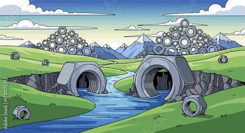 Surreal landscape showing giant nuts forming a bridge, hills, and decorations, capturing a strange and amusing scene. Surreal landscape art brings to life a fantastical terrain, mountains,