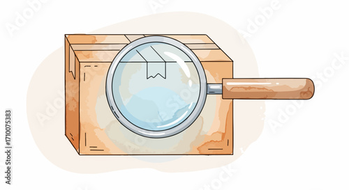 Parcel inspection with magnifying glass over cardboard box, parcel inspection setup. Close-up on parcel inspection reveals details on package sealing and cardboard texture.
