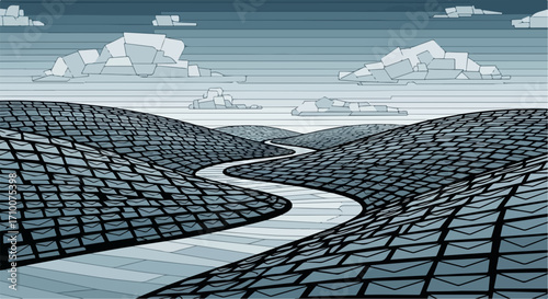 Illustration landscape with flowing river in shades of blue and gray. Landscape illustration includes winding river cutting through rolling hills and low clouds.