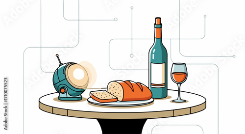 Robot table setting shows wine bottle, glass, sliced bread on plate, and glowing AI companion. This contemporary robot table setting merges dining with smart home technology.