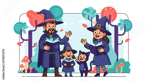 Family of Wizards: A charming illustration of a wizard family, dressed in traditional robes and pointed hats, conjuring magic amidst whimsical trees and plants in a colorful world.