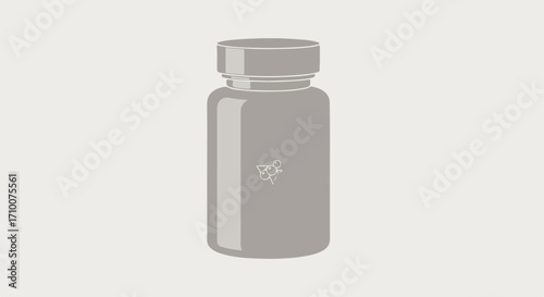 Gray pill bottle standing on plain background, showcasing minimalist design for health product packaging. Modern pharmaceutical pill bottle presentation,