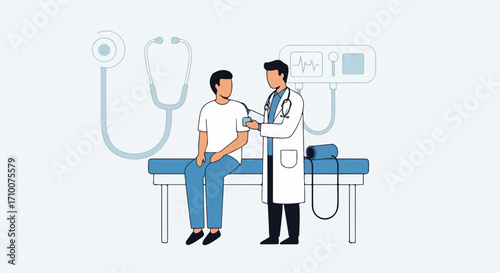 Doctor examining patient vector illustration medical checkup consultation healthcare service concept. for branding, packaging, banner, poster, website header, and social media design use