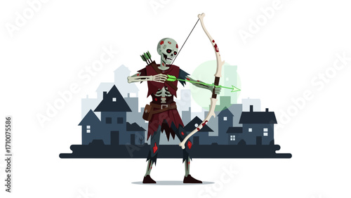 Undead Archer in Urban Landscape: A skeletal archer stands tall against a backdrop of stylized buildings. The scene captures the essence of fantasy and the thrill of the undead.