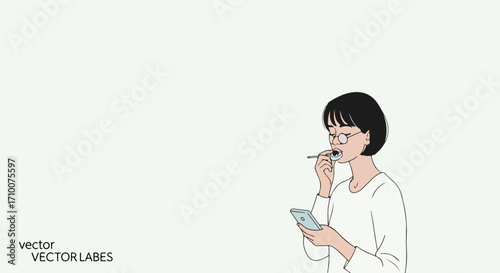 Brushing teeth, woman with smartphone pauses her oral hygiene routine to check social media. Brushing teeth can be delayed by pressing needs, she pauses to look at social feed.