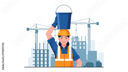 Construction Worker Balance: A focused construction worker, donned in a hard hat, skillfully balances a filled bucket on their head, symbolizing precision and dedication on a construction site.