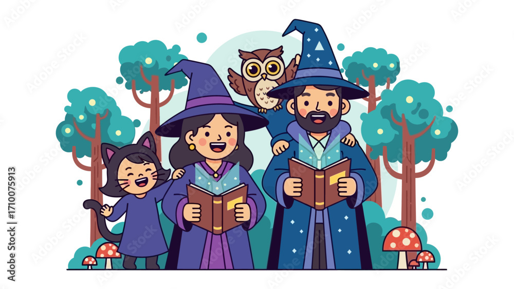 Naklejka premium Enchanting Family in the Mystical Forest: A delightful illustration depicts a wizarding family sharing a spell book in a whimsical forest. The image radiates warmth, love.