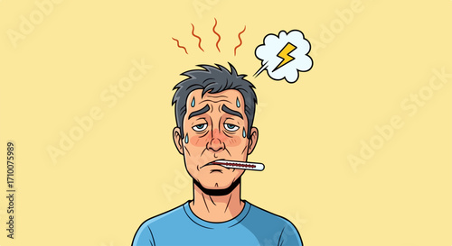 Illustration of feverish man, feeling unwell and thermometer in his mouth, portraying sickness, flu, and cold symptoms. Person with fever, feeling unwell, headache, and congestion,