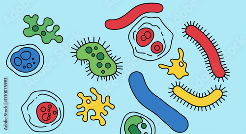 Colorful microscopic organisms illustration depicting diverse bacteria, viruses, and protozoa, each with distinct shapes and vibrant colors. Microscopic organisms concept for science education,