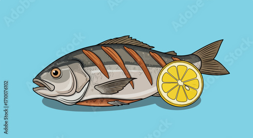 Grilled fish illustration featuring a sea bass with lemon slice on blue background. This grilled fish image showcases delicious sea bass and fresh lemon slice.