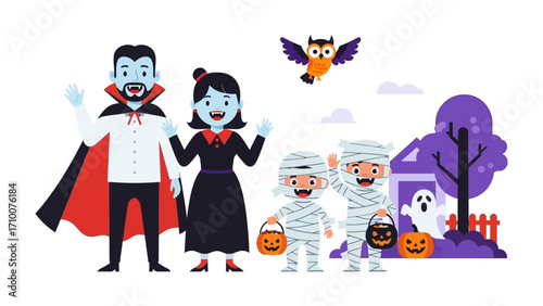 Spooky Gathering: A family, dressed in classic Halloween costumes, stands in front of a spooky house with an owl, celebrating the spirit of All Hallows' Eve. 