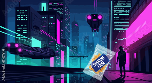 Futuristic cityscape in neon colors features a pack of noodles, futuristic cityscape includes flying vehicles and silhouettes, creating an otherworldly atmosphere.