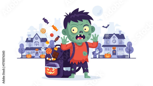 Spooky Night's Haul: A cartoonish zombie child, thrilled by the treats collected, stands proudly amidst Halloween-decorated houses under the moonlight. A celebration of spooky season.
