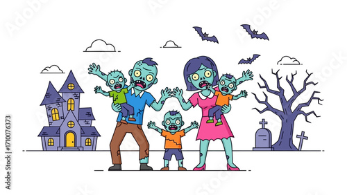 Zombie Family Halloween Celebration: A spooky cartoon illustration capturing a family of zombies, all with the same characteristics and wearing family cloth, embracing the festive spirit of Halloween.