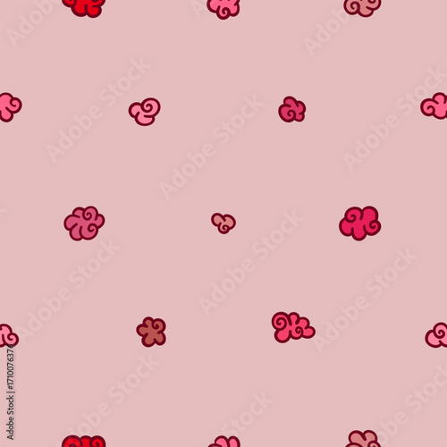 Seamless vector pattern with scattered Asian style cloud hearts in red and pink on soft pink background, perfect for Valentines stationery, cute packaging, feminine textiles and romantic wedding decor