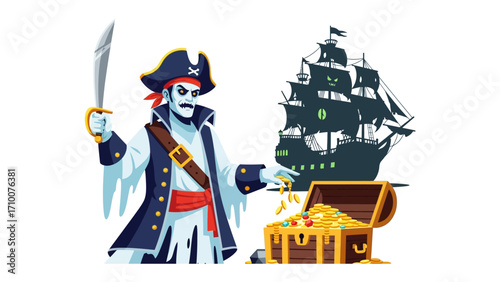 Ghost Pirate and Treasure: A spectral pirate stands defiant with a sword, a ghostly ship sails in the background, guarding a chest of gold and jewels, illustrating adventure and fantasy.